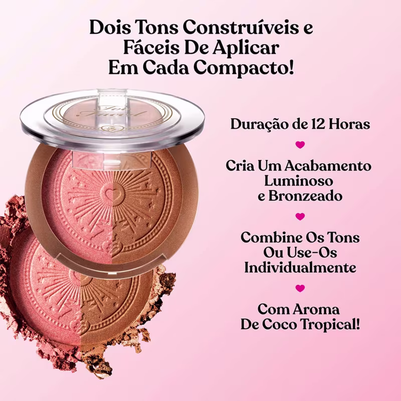 Dois Tons Construíveis e Fáceis De Aplicar Em Cada Compacto! Duração de 12 Horas. Cria Um Acabamento Luminoso e Bronzeado. Combine Os Tons Ou Use-Os Individualmente. Com Aroma De Coco Tropical!