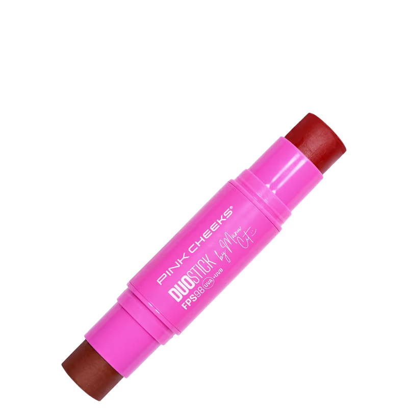 Bastão de maquiagem da marca Pink Cheeks, Duo Stick by Manu Cit, com duas pontas - de um lado bronzer, do outro blush.