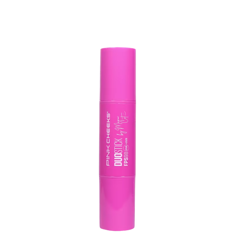 Bastão de maquiagem da marca Pink Cheeks, Duo Stick by Manu Cit, com embalagem rosa.