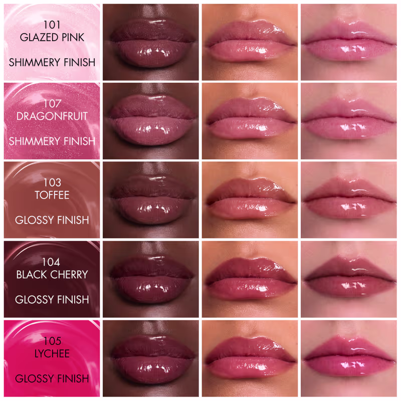 Imagem com amostras de diferentes tons de batom da marca Dior, com acabamentos brilhosos e cremosos, em cores que variam do rosa claro ao marrom escuro.
