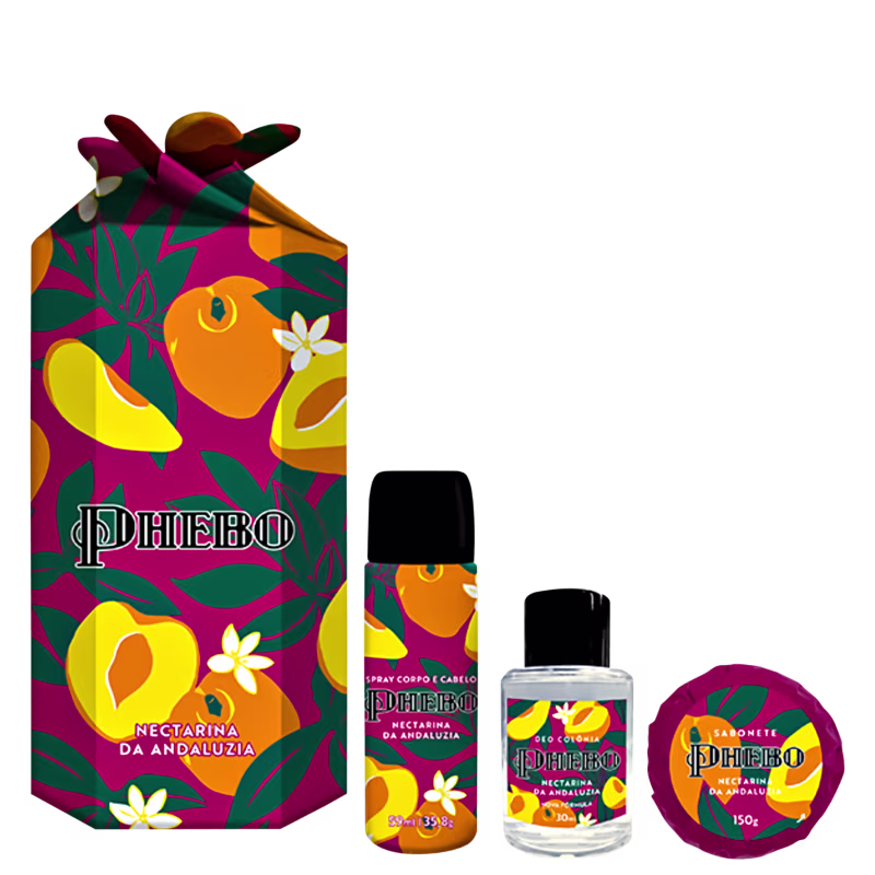 Embalagem colorida com estampa floral em tons de rosa, amarelo e verde, contendo item de perfumaria da marca Phebo, com frasco, bisnaga e sabonete da linha "Nectarina da Andaluzia".