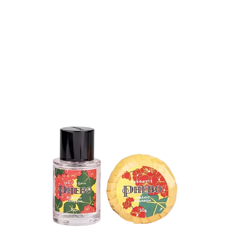 Frasco de item de perfumaria da marca Phebo com rótulo em vermelho, verde e amarelo, contendo texto "Phebo Geranio Bourbon" e embalagem redondo amarelo da mesma marca com estampa floral.
