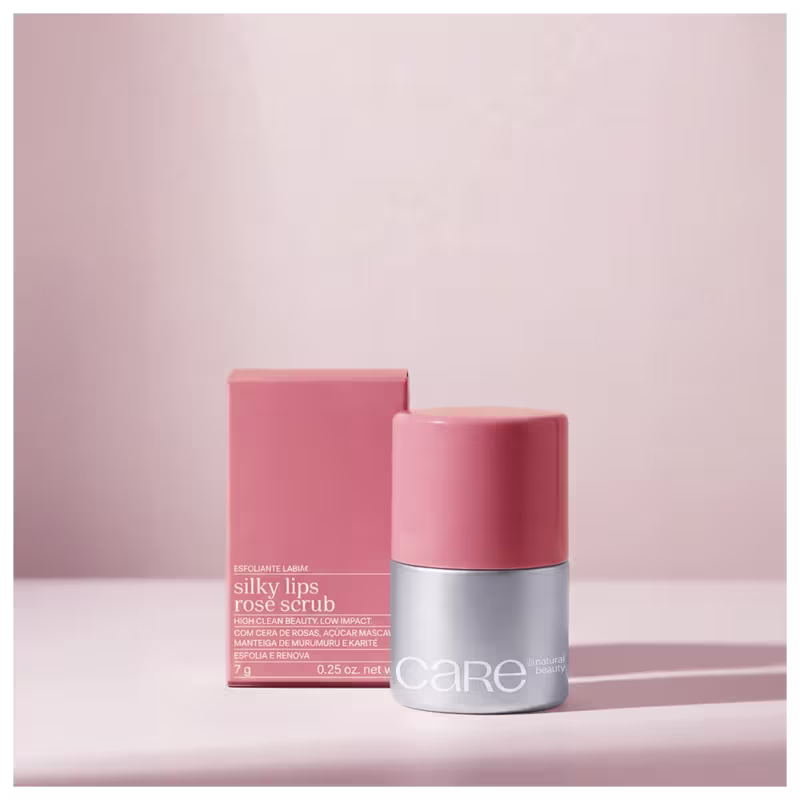 Caixa e embalagem do esfoliante labial CARE Natural Beauty Silky Lips Rose Scrub.
