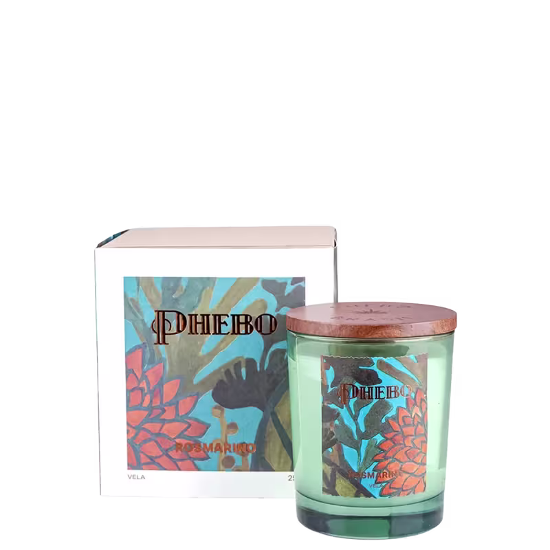 Vela aromática em frasco de vidro verde-claro com rótulo ilustrado em tons de azul, marrom e laranja, exibindo a marca "Phebo" e a fragrância "Jasmin".