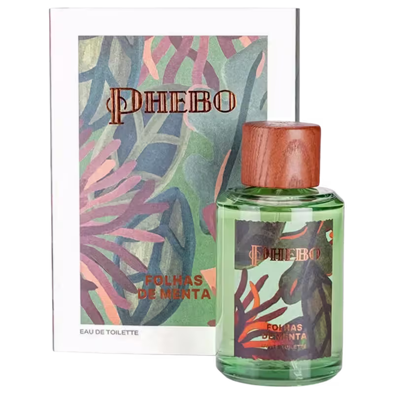 Frasco de item de perfumaria da marca Phebo com rótulo verde e laranja, apresentando folhas estilizadas em tons de verde, azul e rosa.