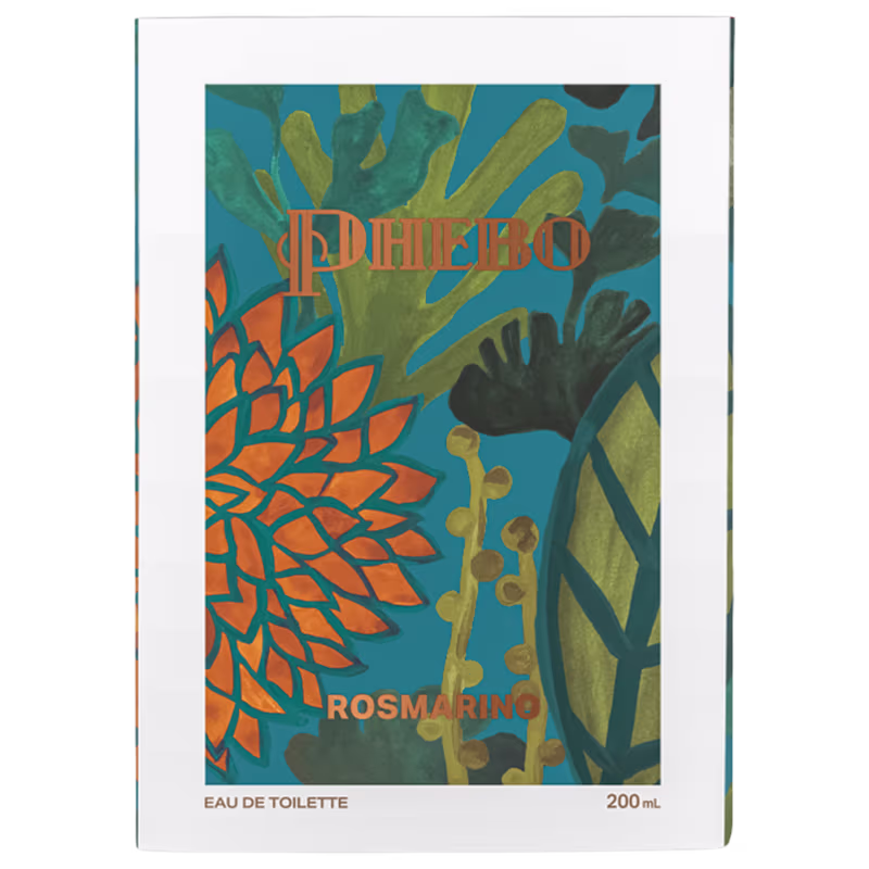 Frasco de vidro verde com tampa de madeira, rótulo com padrão colorido e texto "Phebo", item de perfumaria com design moderno e natural.