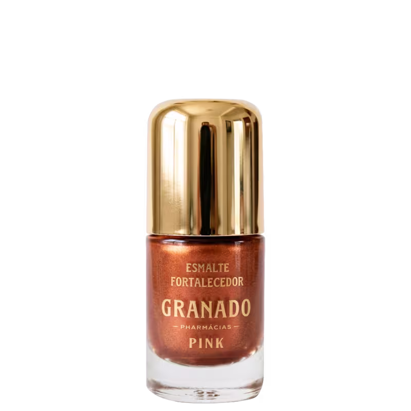 Frasco de esmalte da marca Granado, com tampa dourada, rótulo com texto "Esmalte Fortalecedor ".