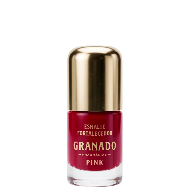 Frasco de esmalte da marca Granado, com tampa dourada, rótulo com texto "Esmalte Fortalecedor ".