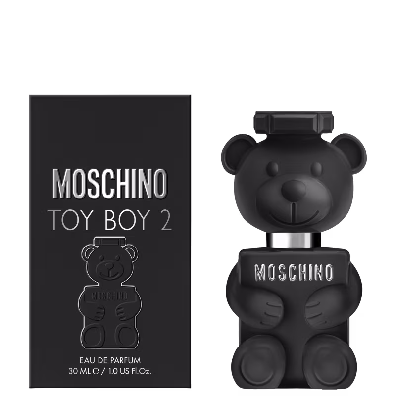 Perfume em design de boneco pelúcia preto com logotipo Moschino, em formato de urso, com detalhes em preto fosco e brilhante.