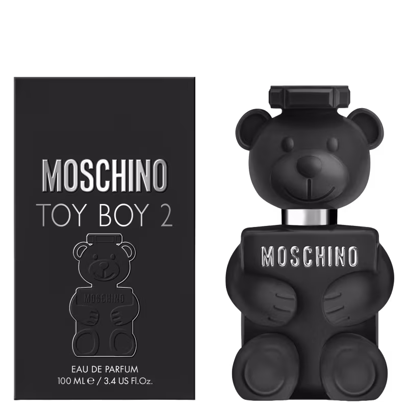 Perfume em design de boneco pelúcia preto com logotipo Moschino, em formato de urso, com detalhes em preto fosco e brilhante.