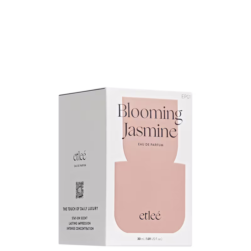 Frasco de perfume Etleé Blooming Jasmine, com embalagem de caixa branca e rosa, contendo 30 ml de eau de parfum. O rótulo apresenta o nome do produto em destaque.