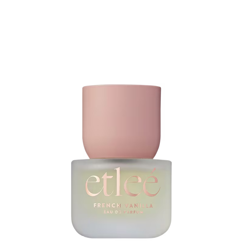 Frasco de perfume Etleé French Vanilla, com embalagem em tons de cinza e rosa claro. O rótulo destaca o nome da marca em letras douradas.