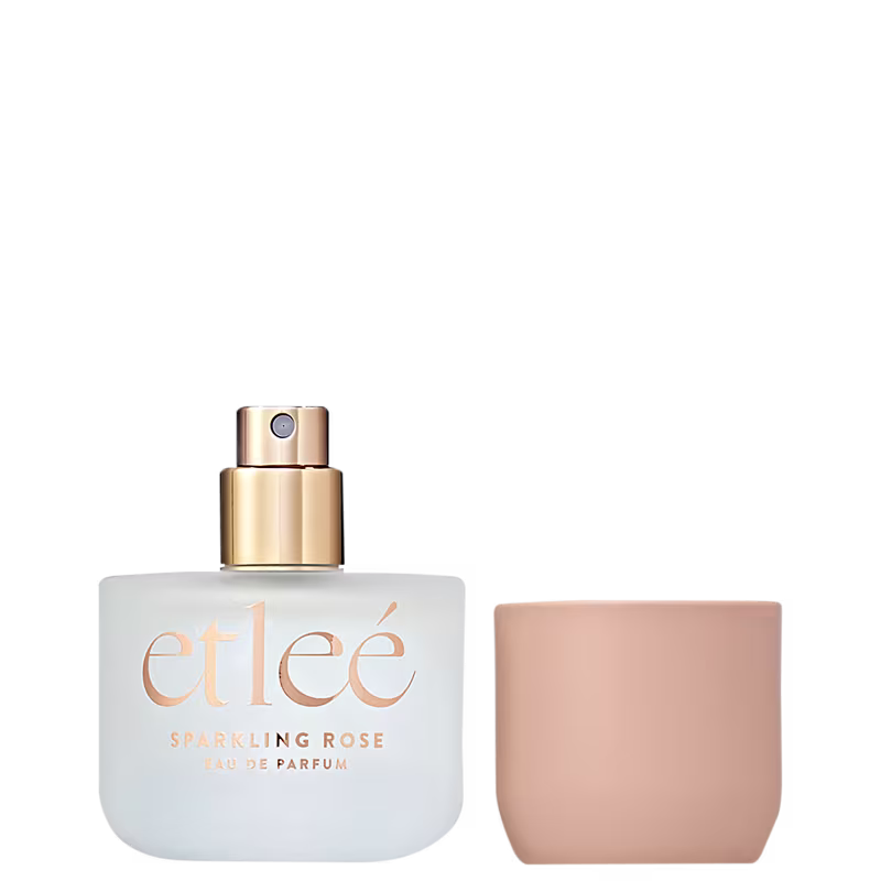 Frasco de perfume Etleé Sparkling Rose com tampa dourada e embalagem rosa clara.