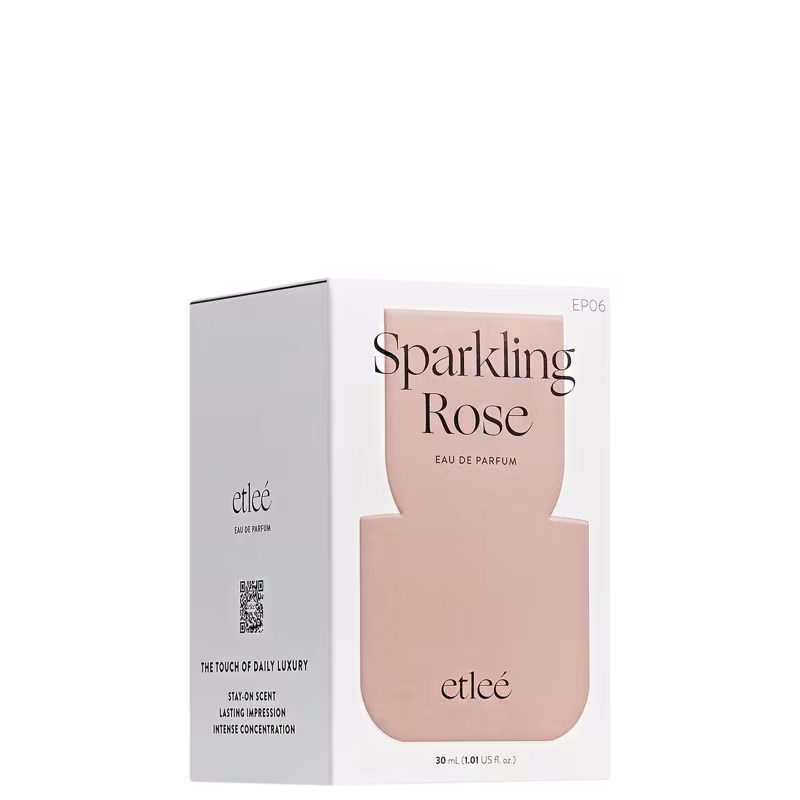 Caixa do perfume Etleé Sparkling Rose, com embalagem branca e rosa, contendo 30 ml de eau de parfum. O rótulo destaca o nome do produto em letras elegantes.