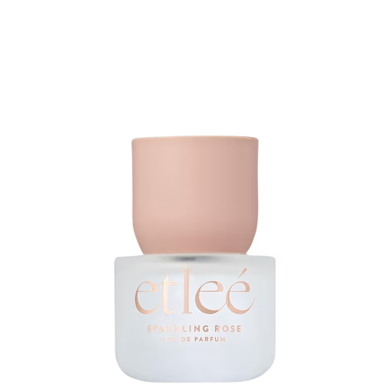 Frasco de perfume Etleé Sparkling Rose, exibindo o nome da marca em letras douradas.