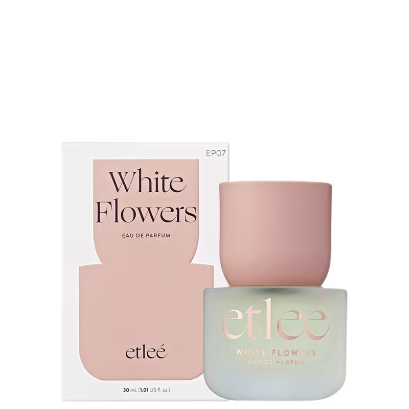 Frasco de perfume Etleé White Flowers, com embalagem transparente e caixa branca e rosa com o nome do produto em destaque. Produto de 30 ml.