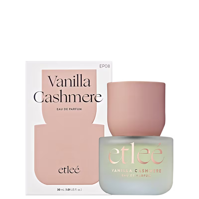 Frasco de perfume Etleé Vanilla Cashmere e caixa de papelão branca com detalhes em rosa e texto em preto.