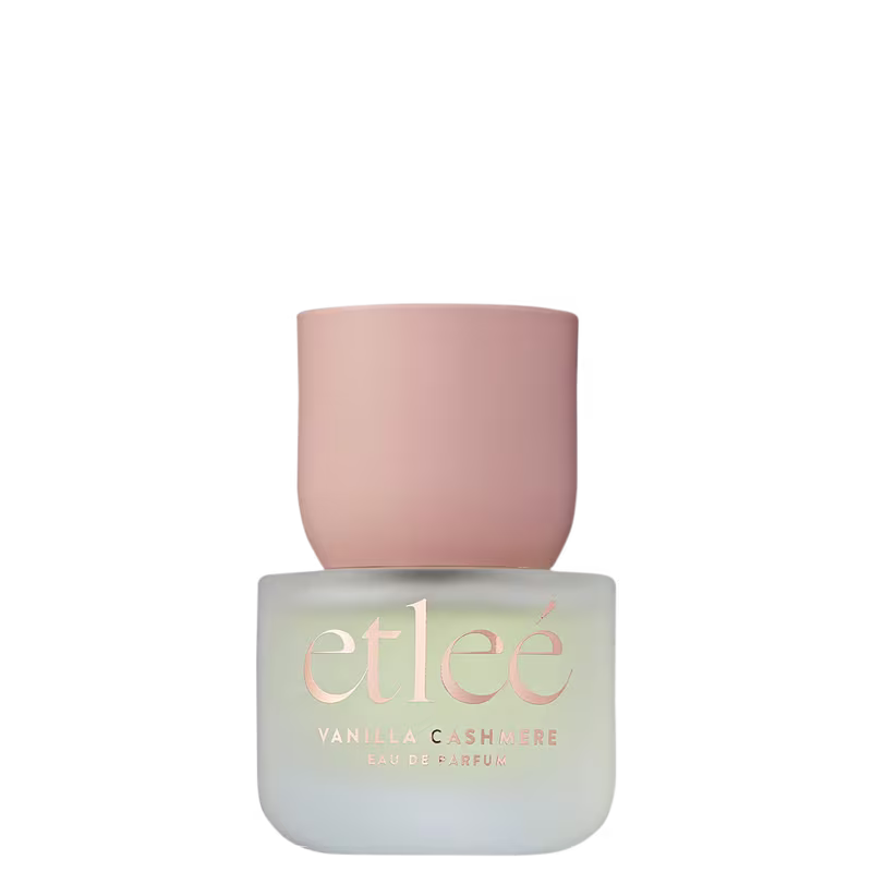 Frasco de perfume Etleé Vanilla Cashmere, com embalagem de vidro fosco em tons de verde claro, exibindo o nome da marca em letras douradas.