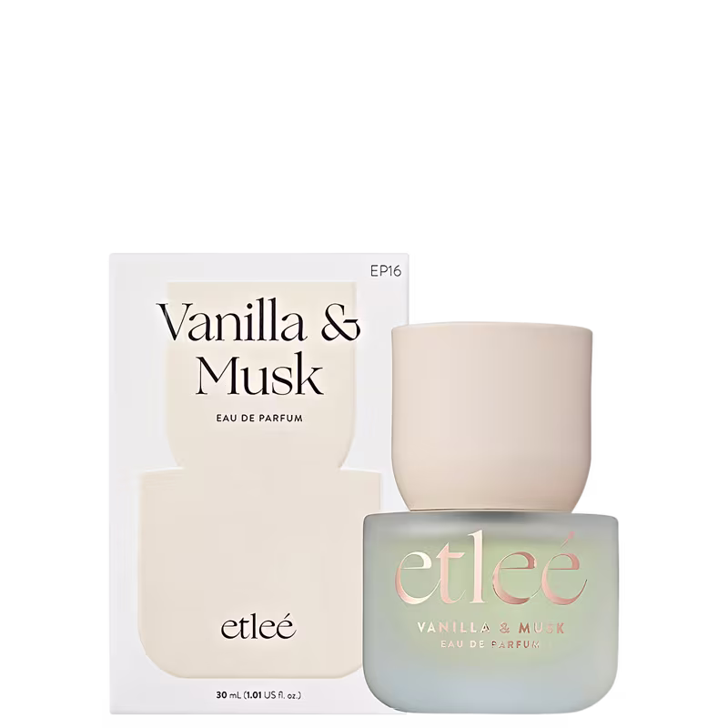 Frasco de perfume Etleé Vanilla & Musk. O frasco possui formato cilíndrico e contém 30 mL de eau de parfum. Ao lado caixa do produto em tom branco e bege