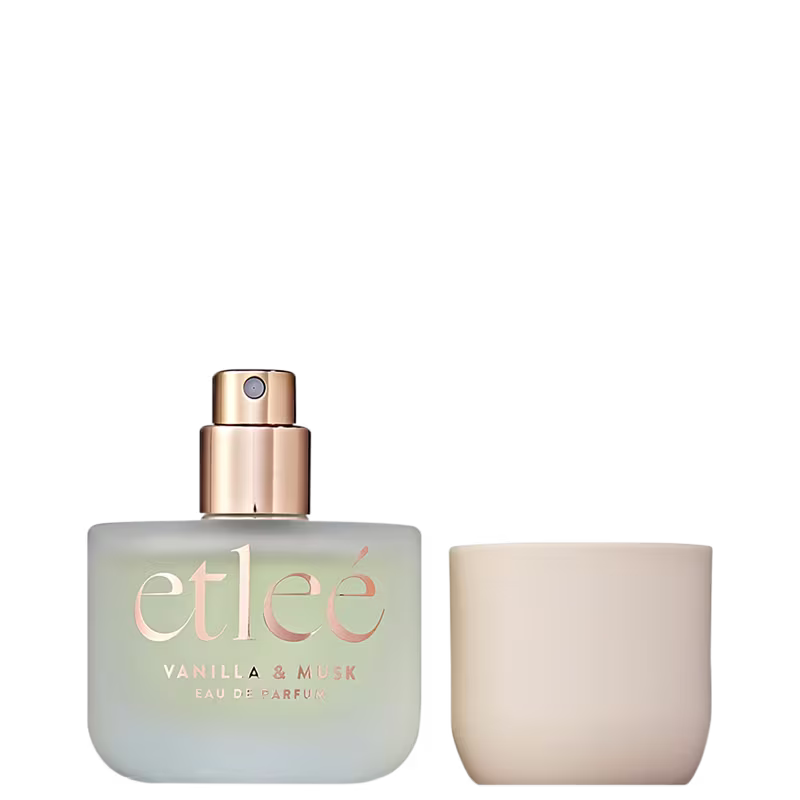 Frasco de perfume Etleé com rótulo "Vanilla & Musk" em embalagem de vidro. Acompanha a tampa ao lado em tom bege claro.