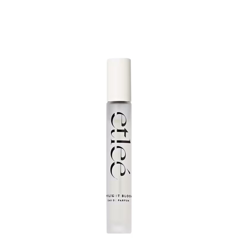Frasco de perfume Etleé Twilight Bloom, com embalagem branca e texto preto destacado.