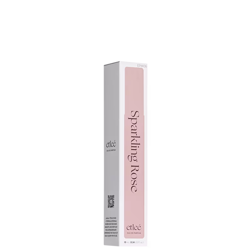 Caixa branca e rosa com o nome "Sparkling Rose" da marca Etleé, um perfume em frasco de 10 ml.