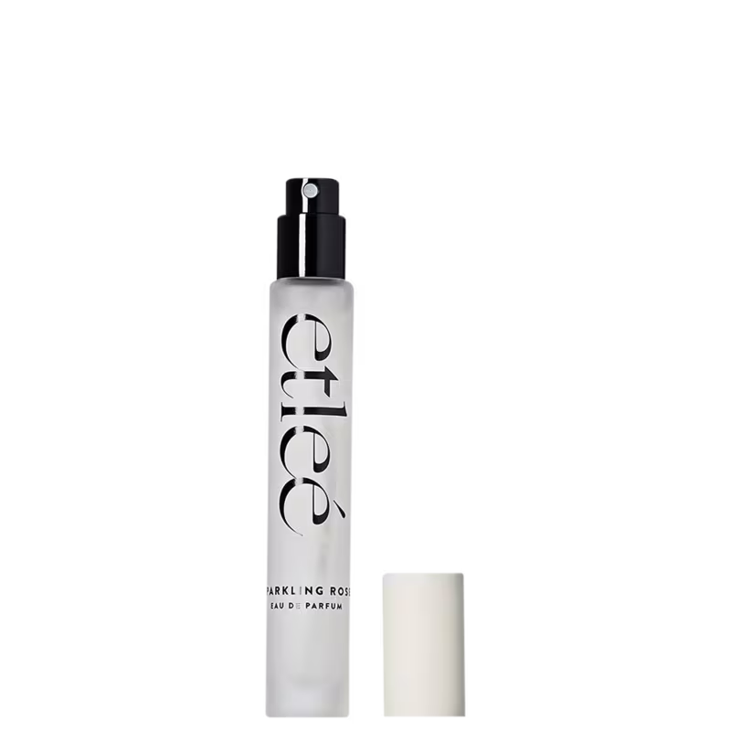 Frasco de perfume Etleé Sparkling Rose, com embalagem transparente e borrifador preto