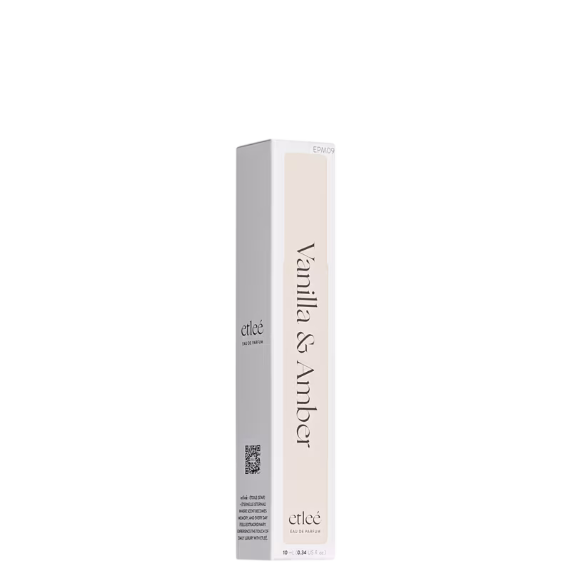 Caixa retangular da linha Etleé,em tom bege e branco, contendo o texto "Vanilla & Amber".