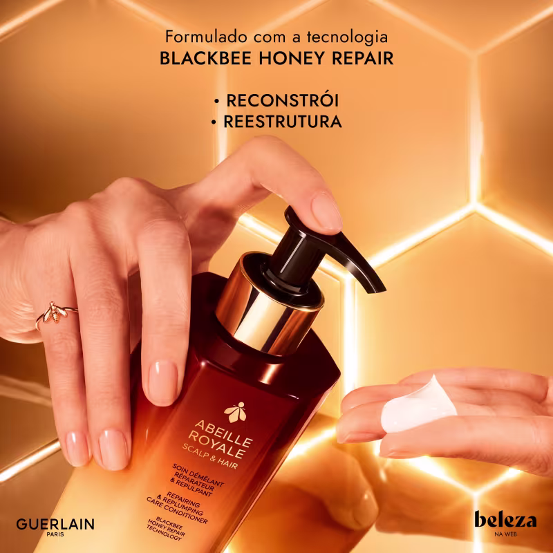 Frasco de condicionador Abeille Royale da Guerlain, com design elegante em tons de marrom e dourado. Formulado com a tecnologia Blackbee Honey Repair. Reconstrói e reestrutura.