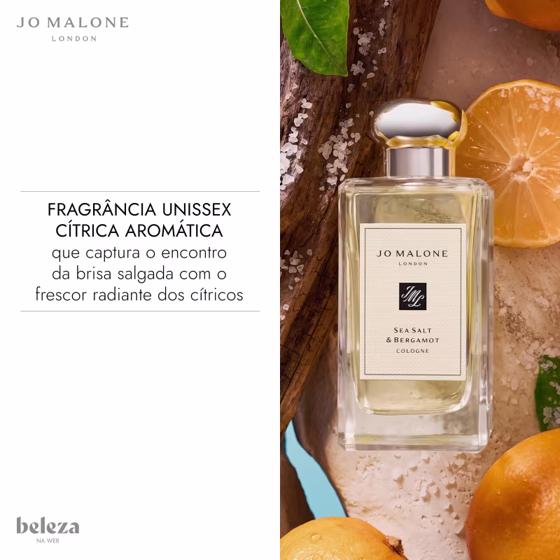 Frasco de item de perfumaria da marca Jo Malone London, com rótulo "Sea Salt & Bergamot Cologne" e elementos decorativos de folhas verdes e fatias de bergamota.
