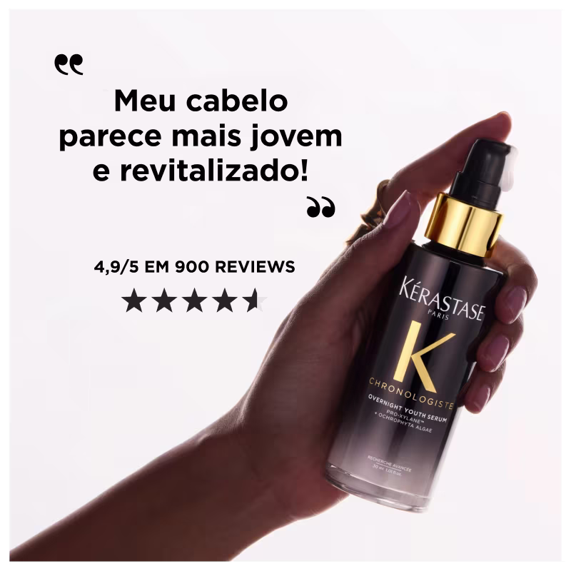 Texto na imagem: Meu cabelo parece mais jovem e revitalizado! 4,9/5 em 900 reviews
