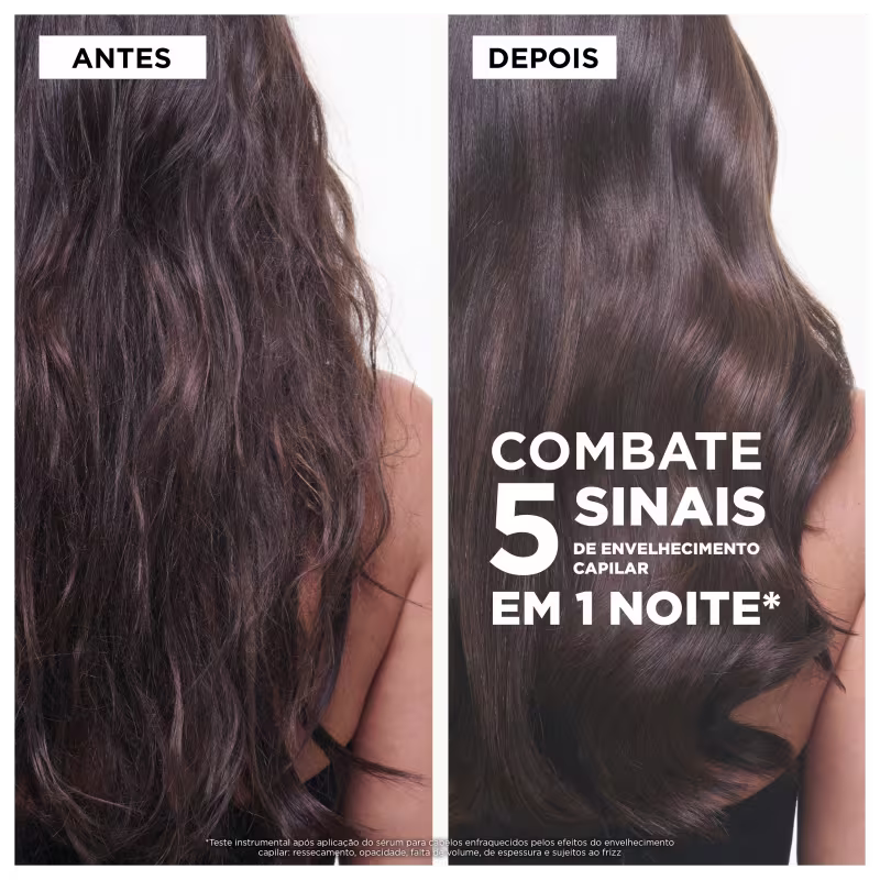 A imagem apresenta um antes e depois do uso de um produto da marca Kérastase para combater 5 sinais de envelhecimento capilar em apenas 1 noite.