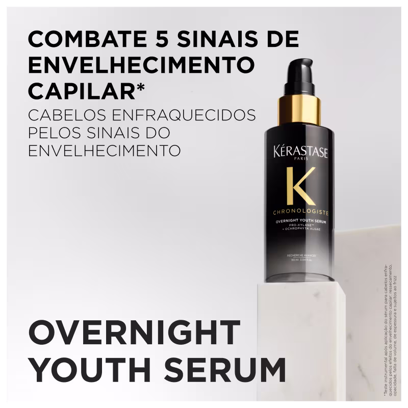 TEXTO NA IMAGEM: OVERNIGHT YOUTH SERUM COMBATE 5 SINAIS DE ENVELHECIMENTO CAPILAR*
CABELOS ENFRAQUECIDOS PELOS SINAIS DO ENVELHECIMENTO