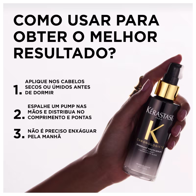 Como usar para obter o melhor resultado? Aplique nos cabelos secos ou úmidos antes de dormir. Espalhe um pump nas mãos e distribua no comprimento e pontas. Não é preciso enxaguar pela manhã.