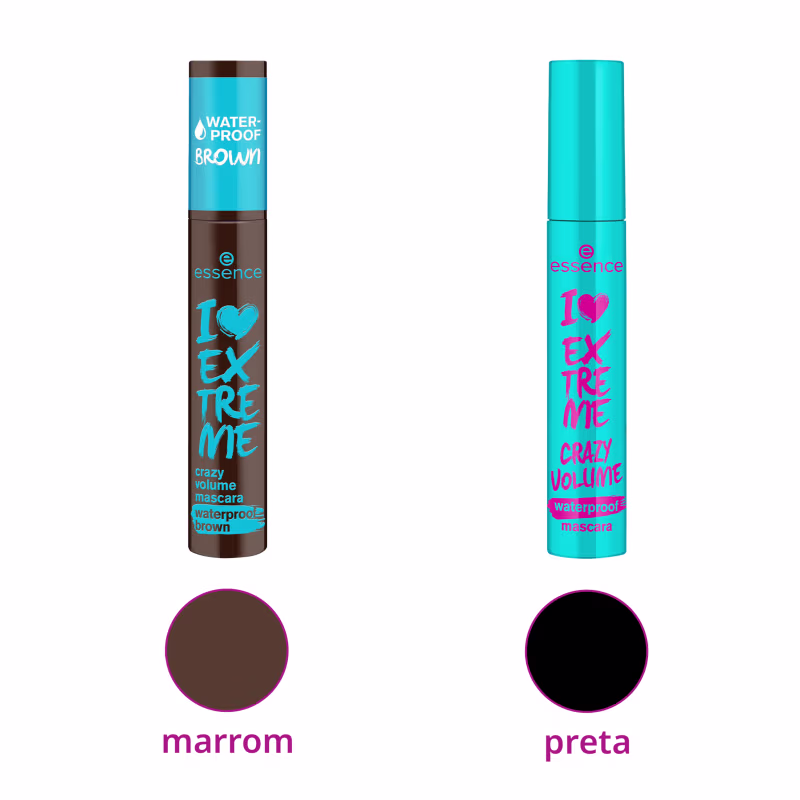 Máscara de cílios à prova d'água Essence I Love Extreme Crazy Volume Waterproof, com rótulos indicando as cores "marrom" e "preta".