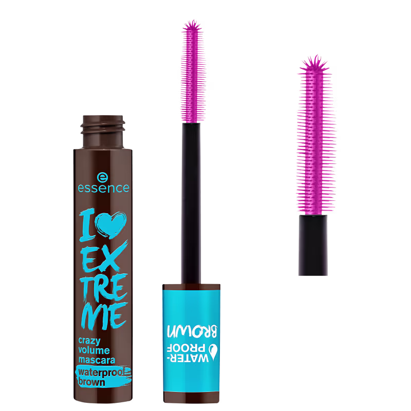 Embalagem de máscara de cílios I Love Extreme Crazy Volume Waterproof da marca Essence com fórmula de volume e à prova d'água na cor marrom. Também é exibido um aplicador de máscara rosa com cerdas longas.