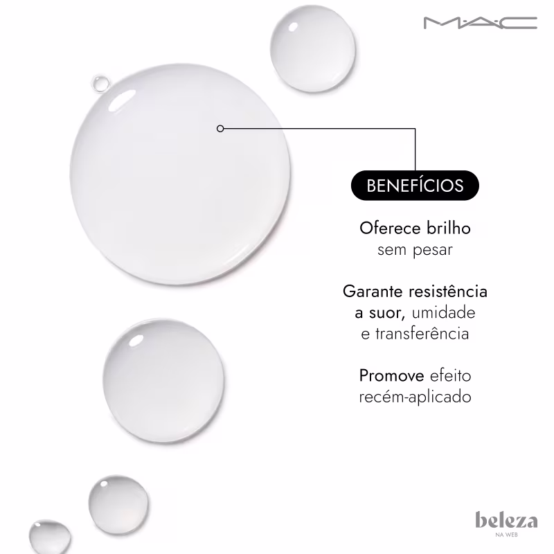Imagem com a textura do spray fixador da marca M·A·C, com o texto: "Benefícios: Oferece brilho sem pesar, garante resistência a suor, umidade e transferência, promove efeito recém-aplicado".