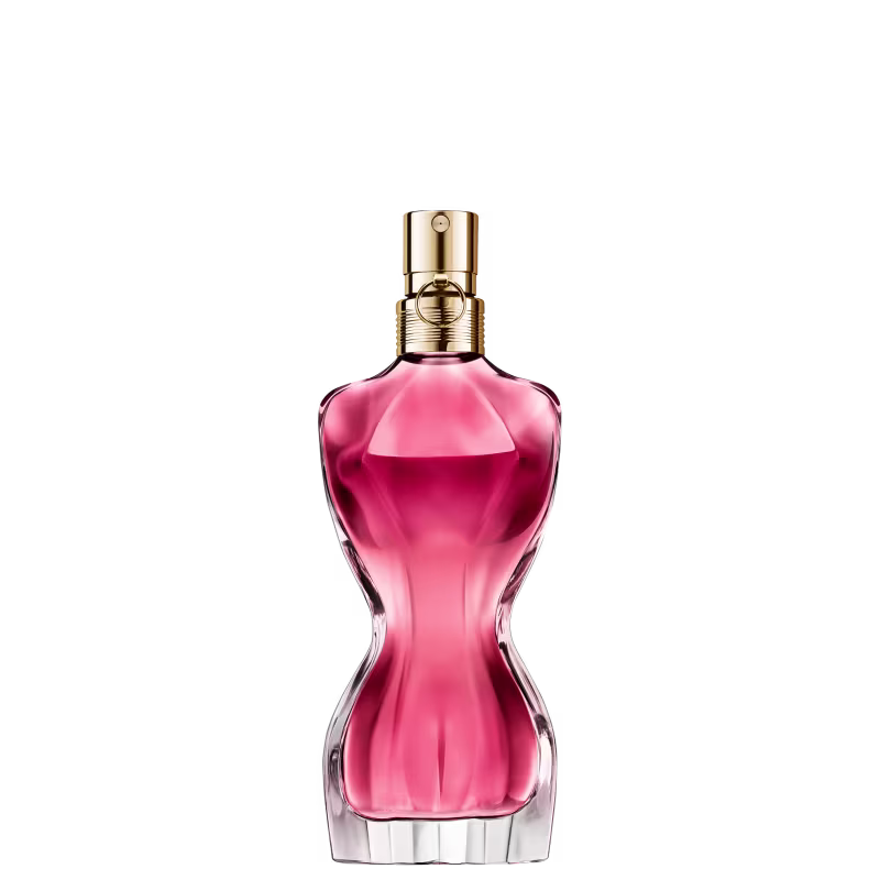Frasco de perfume Jean Paul Gaultier com formato curvilíneo e tampa dourada. O frasco exibe uma silhueta feminina, destacada por um detalhe floral dourado e um toque granada, preenchido com um radiante líquido rosa-alaranjado.