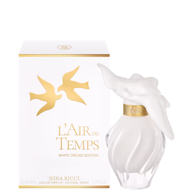 Perfume Nina Ricci L'Air du Temps em edição limitada: frasco de branco com detalhes dourados e caixa ao lado.