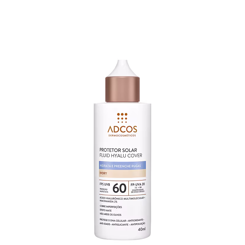 Protetor solar fluido Hyalu Cover da Adcos, com FPS 60 e embalagem branca, contendo informações sobre o produto e seus benefícios.