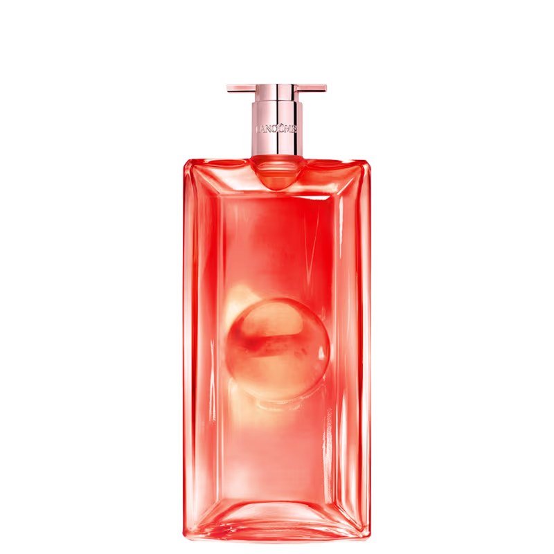 Frasco de perfume da marca Lancôme, com formato retangular e tampa rosada, em cor laranja vibrante.