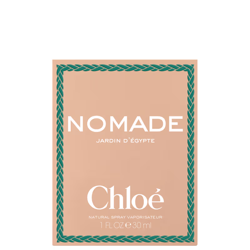 Caixa do perfume Chloé Nomade, com embalagem em tons de bege e verde, contendo 30 ml de produto. O rótulo apresenta o nome da fragrância "Nomade Jardin d'Égypte" e a marca Chloé em destaque.