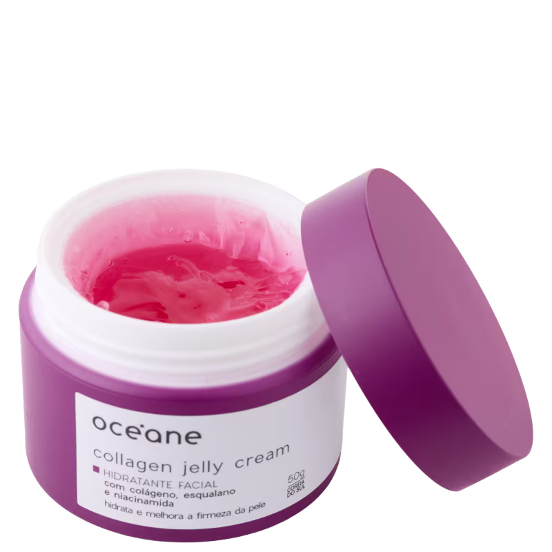 Pote branco e rosa com rótulo da marca Océane contendo creme de gelatina de colágeno, hidratante facial com colágeno, niacinamida e esquálano.