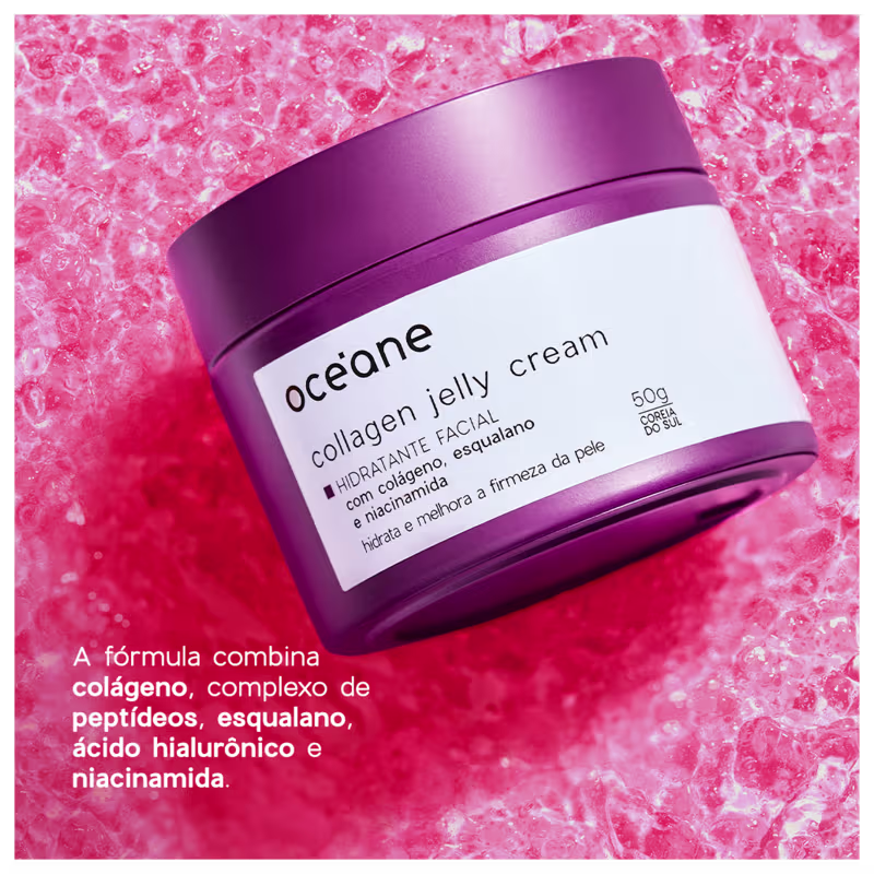 Um pote de creme facial da marca Océane em fundo rosa com cristais de gelo, destacando a embalagem com informações sobre os ingredientes e benefícios do produto.