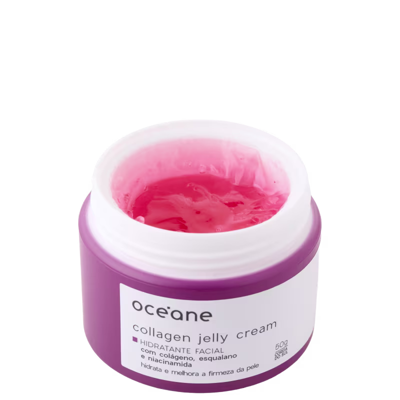 Pote branco e rosa com rótulo da marca Océane contendo creme de gelatina de colágeno, com textura cremosa e cor rosa.