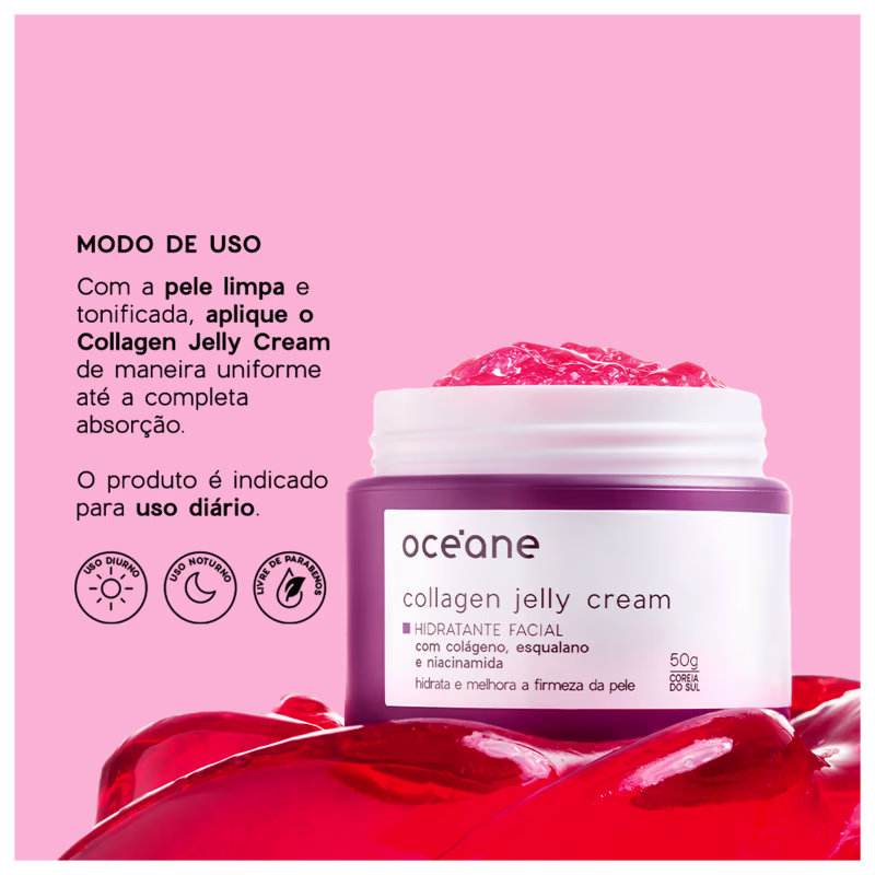 Pote de creme facial Collagen Jelly Cream da marca Océane sobre fundo rosa, com pétalas vermelhas ao redor, indicando modo de uso do produto para pele limpa e tonificada.