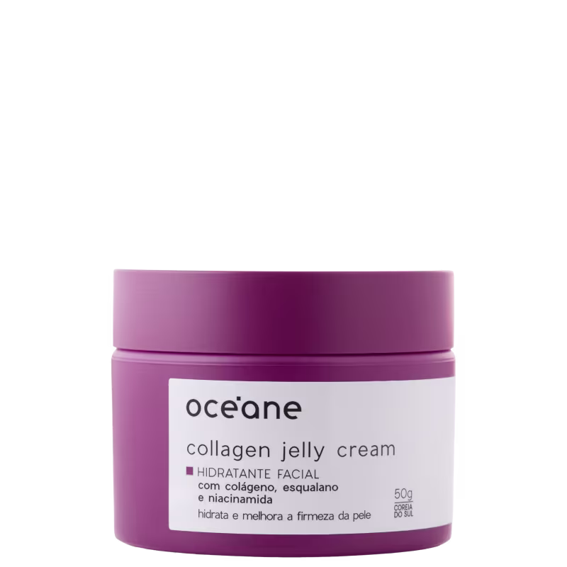 Pote de creme facial hidratante da marca Océane, com textura de gelatina, em tom roxo escuro, com rótulo branco contendo o nome do produto "Collagen Jelly Cream".