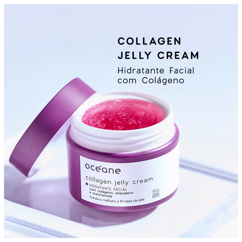 Pote branco com tampa roxa contendo creme de gelatina de colágeno da marca Océane, com rótulo indicando ser um hidratante facial com colágeno.