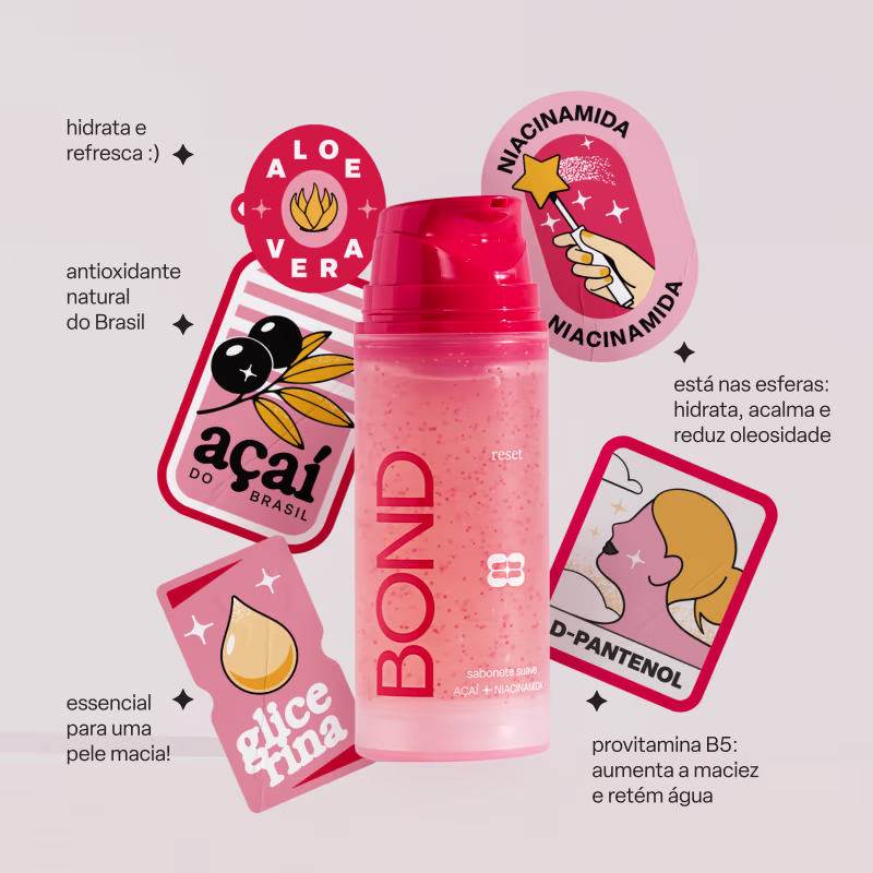 Embalagem rosa com texto "Bond" e ilustrações de estrela e pássaro; rótulos com informações sobre benefícios do produto, como hidratação, acalma e reduz oleosidade; item de perfumaria com aroma de açaí do Brasil.