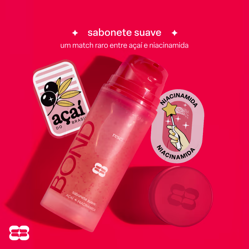Sabonete suave com combinação rara de açaí e niacinamida, em embalagem com logotipo da marca Bond Rio e ilustrações de estrela e flor.